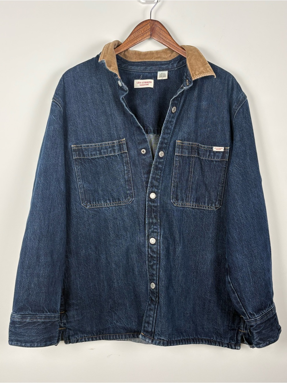 Levi Strauss Men's Dark Blue Denim Jacket Tan Corduroy Collar Heavy Weight Large - Picture 3 of 13